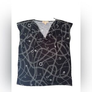 MICHAEL KORS Black Chain Print Draped Neck Sleeveless Blouse Large